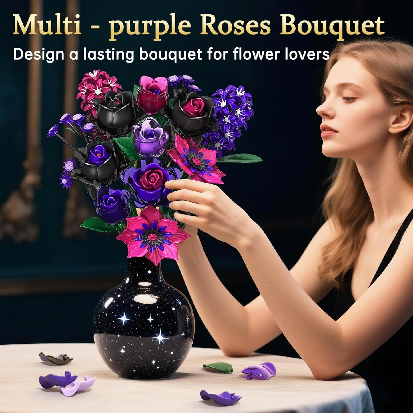 Gothic Rosenstrauß Bausatz - 446x Klemmbausteine - Botanik Deko Valentinstag Geburtstag