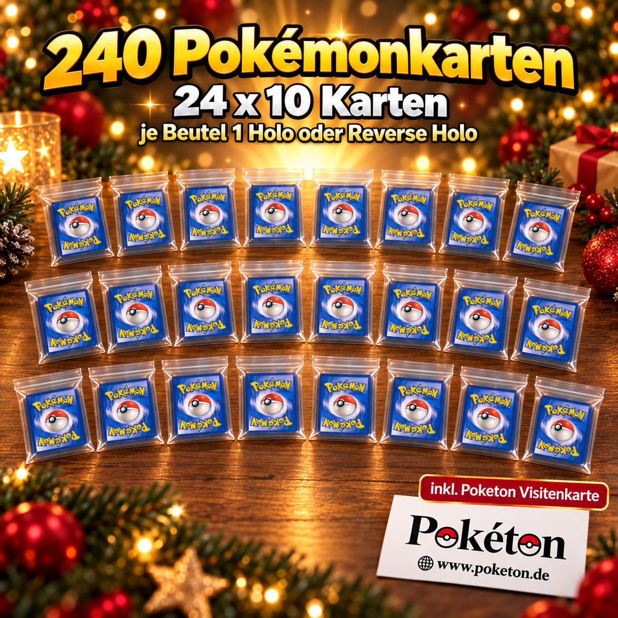 Pokémon Adventskalender-Füllung – 240 Original Pokemon Karten – 24x10 Karten mit Holo/Reverse-Holo - inkl. Poketon Visitenkarte