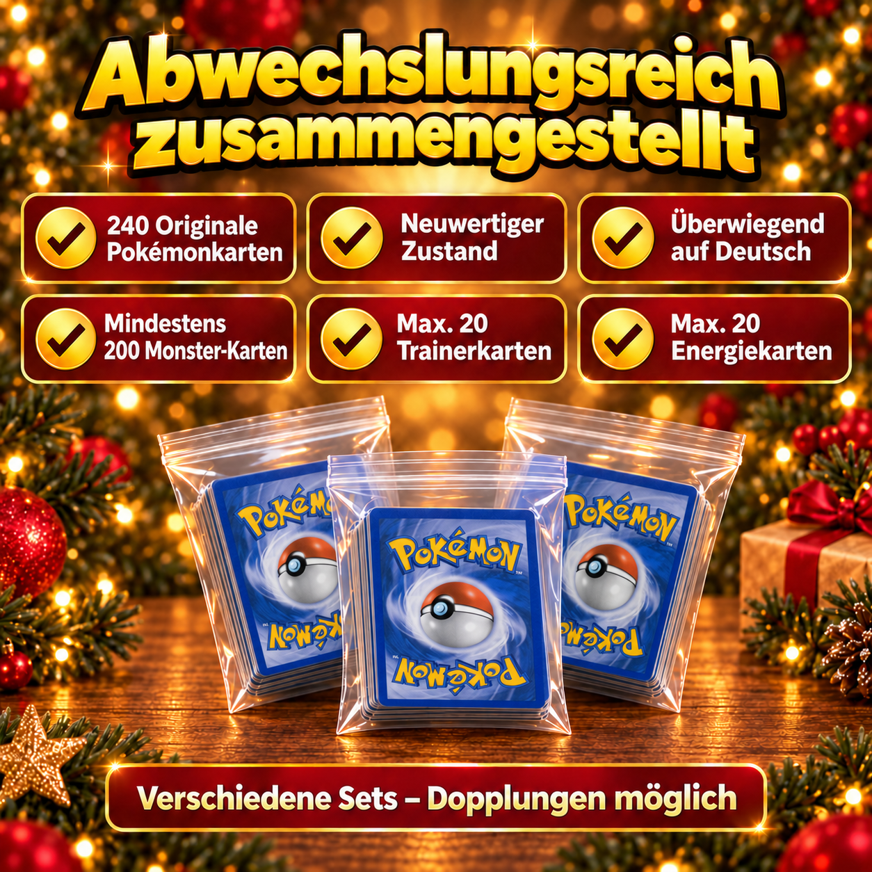 Pokémon Adventskalender-Füllung – 240 Original Pokemon Karten – 24x10 Karten mit Holo/Reverse-Holo - inkl. Poketon Visitenkarte