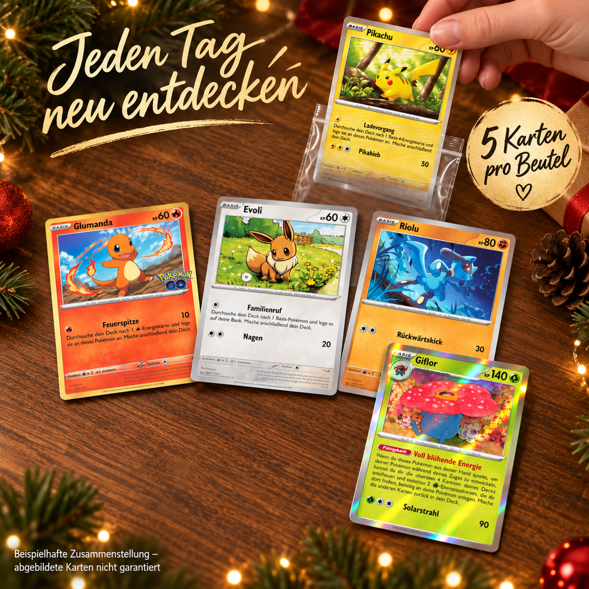 Pokémon Adventskalender-Füllung – 120 Original Pokemon Karten – 24x5 Karten mit Holo/Reverse-Holo - inkl. Poketon Visitenkarte